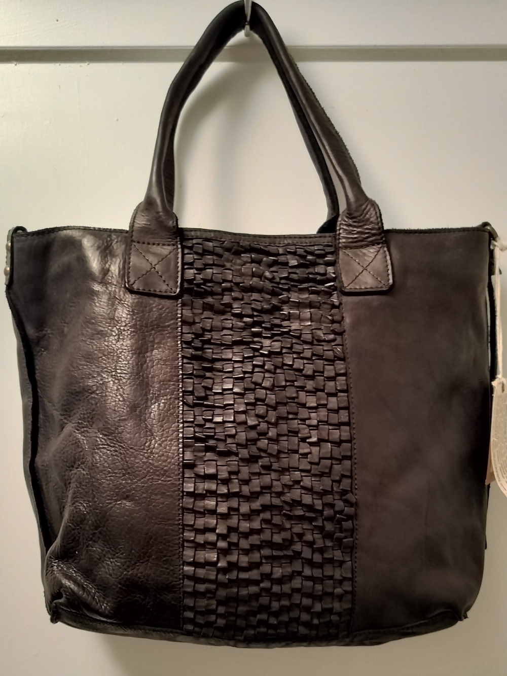 Woven Panel Black Leather Tote Bag